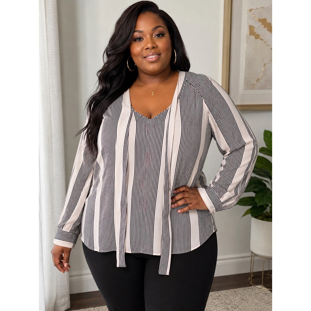 Loft Womens XL Cream Black Striped Tie Neck Long Sleeve Blouse V-Neck Top